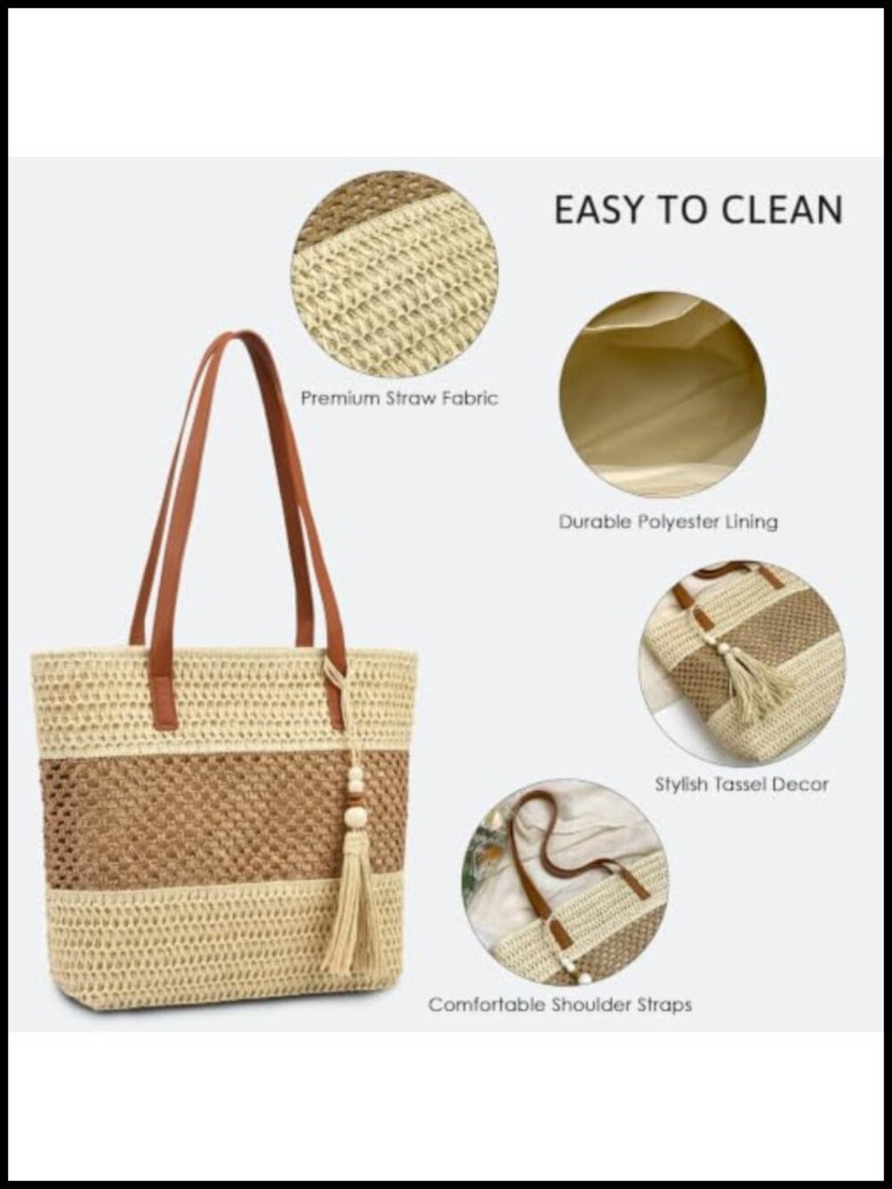 Straw Beach Tote Bag for Women Woven Shoulder Purse with Zip - Picture 5 of 6